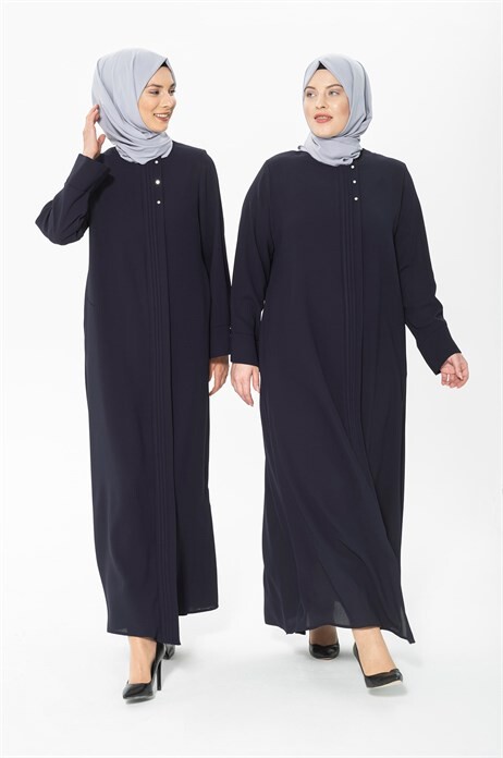 Rib and Stone Detailed Navy Blue Abaya 3302 - 1