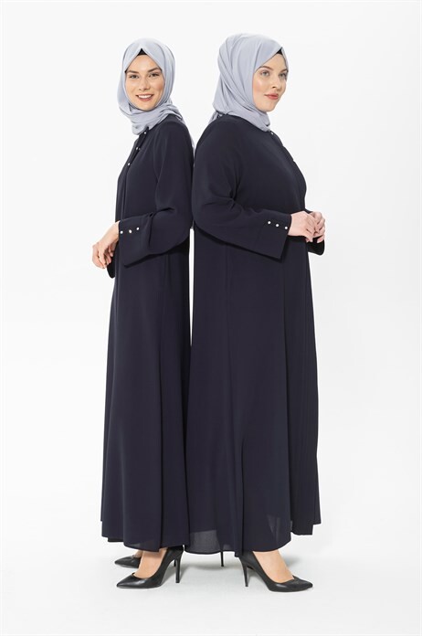 Rib and Stone Detailed Navy Blue Abaya 3302 - 2