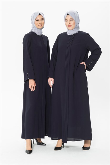 Rib and Stone Detailed Navy Blue Abaya 3302 - 3