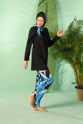 Rivamera Fully Covered Black Turquoise Pattern Detailed Hijab Swimsuit R1111 - 2