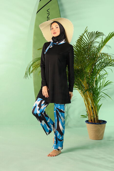 Rivamera Fully Covered Black Turquoise Pattern Detailed Hijab Swimsuit R1111 - 4