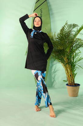 Rivamera Fully Covered Black Turquoise Pattern Detailed Hijab Swimsuit R1111 - 5