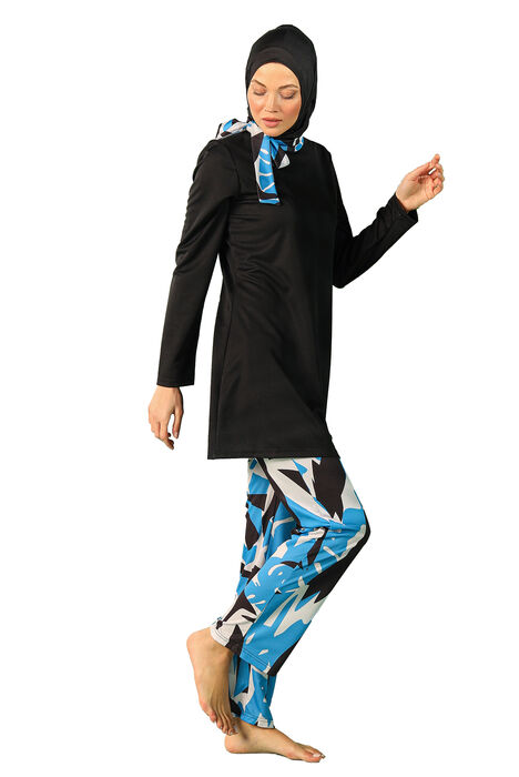 Rivamera Fully Covered Black Turquoise Pattern Detailed Hijab Swimsuit R1111 - 1