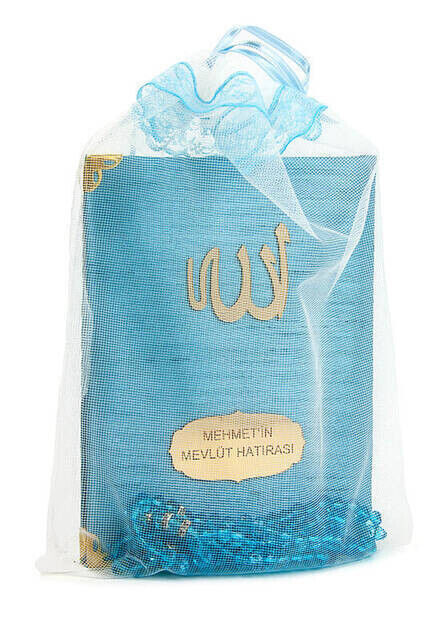 Santuk Fabric Coated Yasin Book - Bag Boy - Name Special Plate - Rosary - Marsupeli - Blue Color - Islamic Gifts - 1