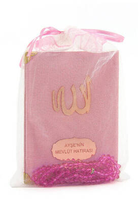 Santuk Fabric Coated Yasin Book - Bag Boy - Name Special Plate - Rosary - Marsupeli - Pink Color - Islamic Gifts - 1