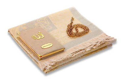 Santuk Fabric Coated Yasin Book - Bag Boy - Name Special Plate - Seccadeli - Rosary - Keseli - Cream Color - Mevlid Gift - 3