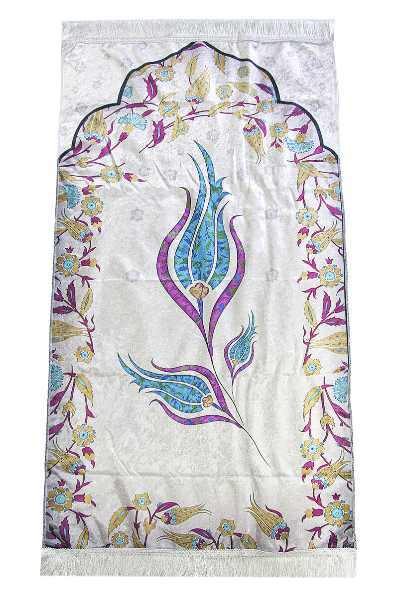 Silk Textured Carrying Bagged Marbled Tulip Patterned Prayer Rug - Blue - 3