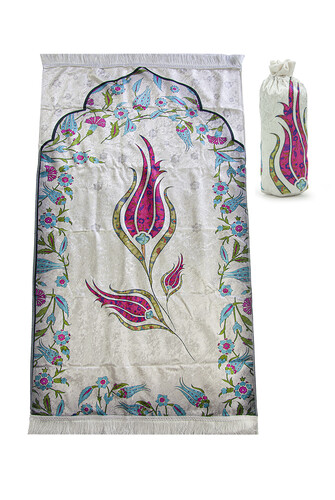 Silk Textured Carrying Bagged Marbled Tulip Patterned Prayer Rug - Fuchsia - 1