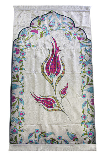 Silk Textured Carrying Bagged Marbled Tulip Patterned Prayer Rug - Fuchsia - 2