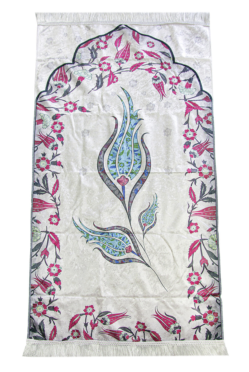 Silk Textured Carrying Bagged Marbled Tulip Patterned Prayer Rug - Turquoise - 2