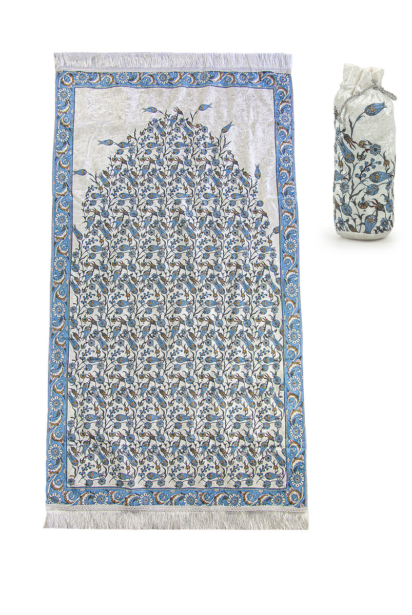 Silk Textured Carrying Bagged Tulip-Embroidered Prayer Rug - Blue - 1