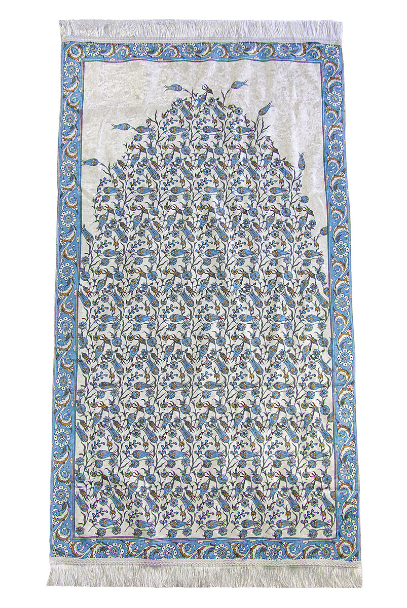 Silk Textured Carrying Bagged Tulip-Embroidered Prayer Rug - Blue - 2