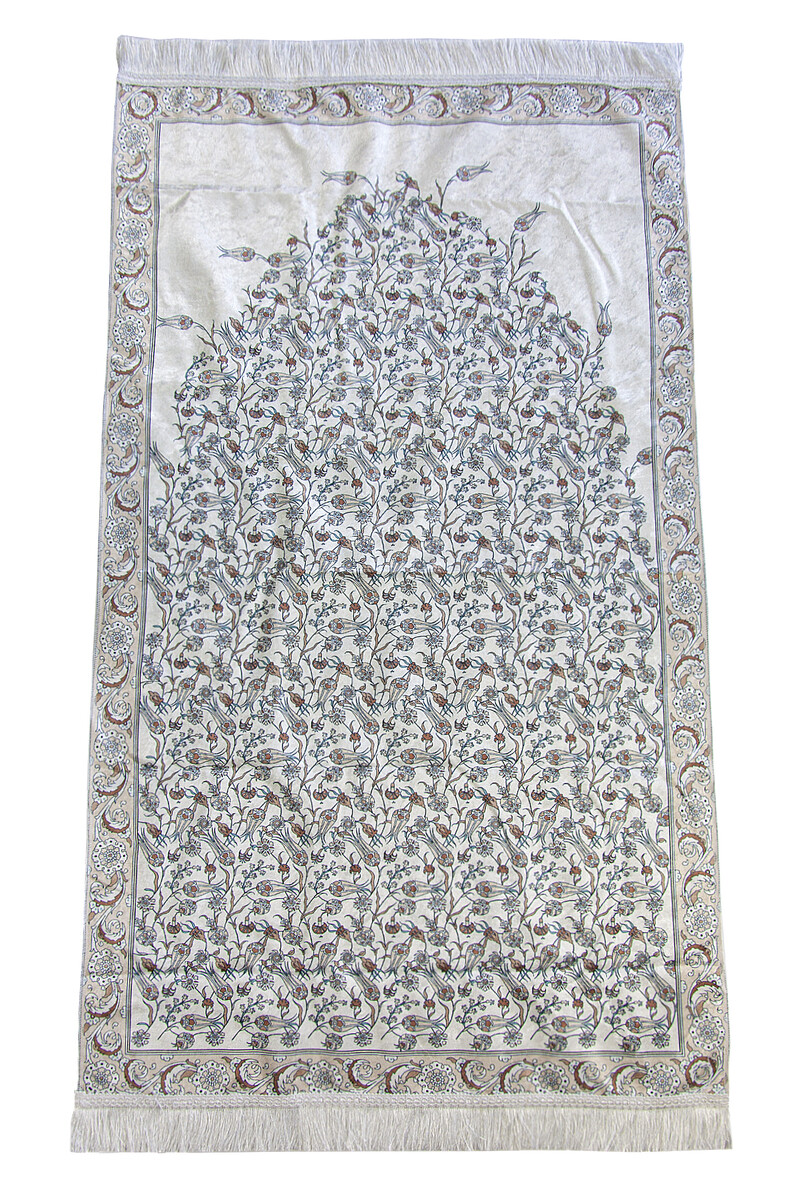 Silk Textured Carrying Bagged Tulip-Embroidered Prayer Rug - Cream - 2