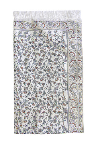 Silk Textured Carrying Bagged Tulip-Embroidered Prayer Rug - Cream - 4