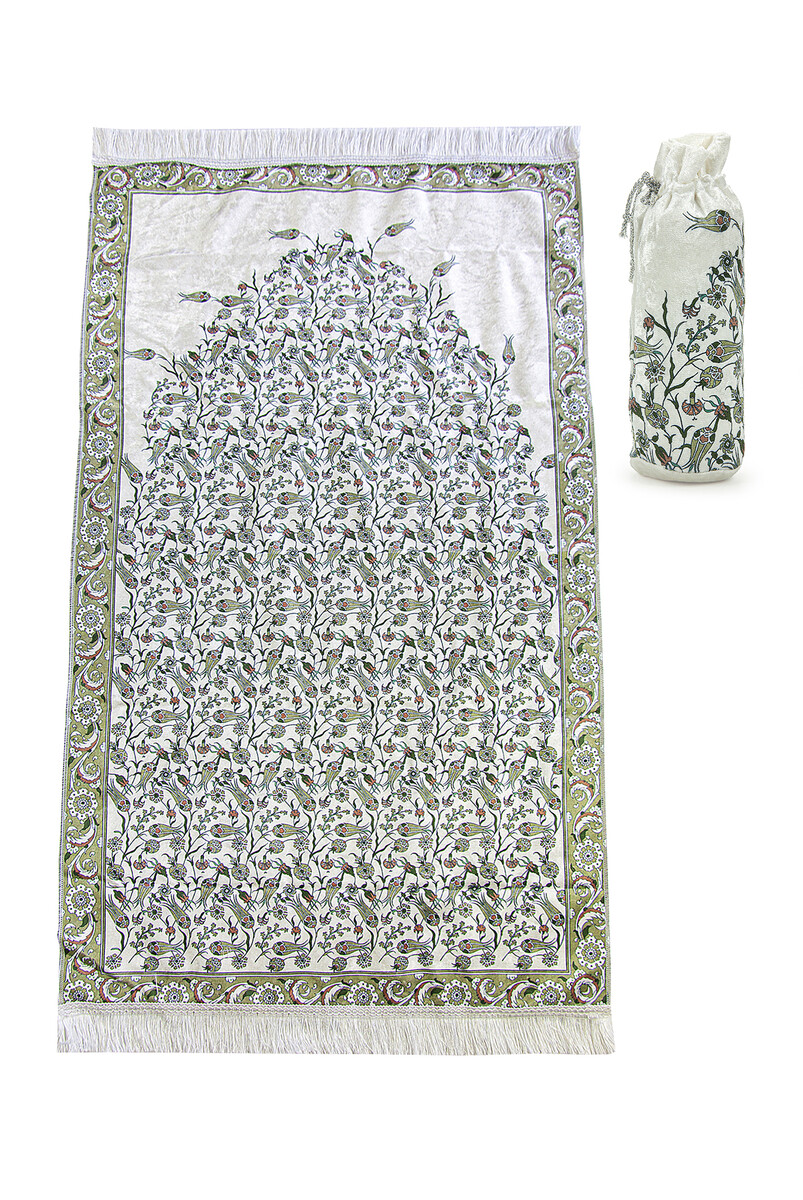 Silk Textured Carrying Bagged Tulip-Embroidered Prayer Rug - Light Green - 1