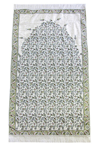 Silk Textured Carrying Bagged Tulip-Embroidered Prayer Rug - Light Green - 2