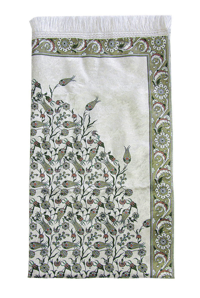 Silk Textured Carrying Bagged Tulip-Embroidered Prayer Rug - Light Green - 4