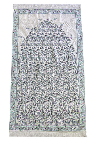 Silk Textured Carrying Bagged Tulip-Embroidered Prayer Rug - Mint Green - 2