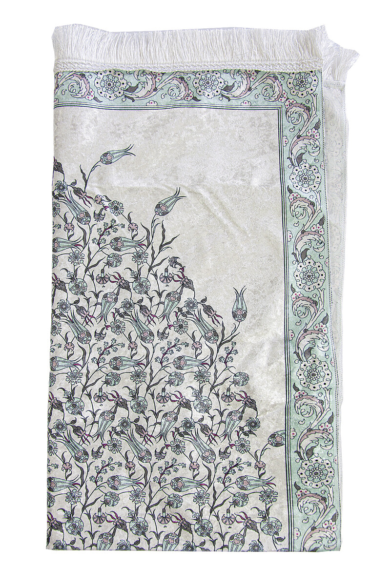 Silk Textured Carrying Bagged Tulip-Embroidered Prayer Rug - Mint Green - 4