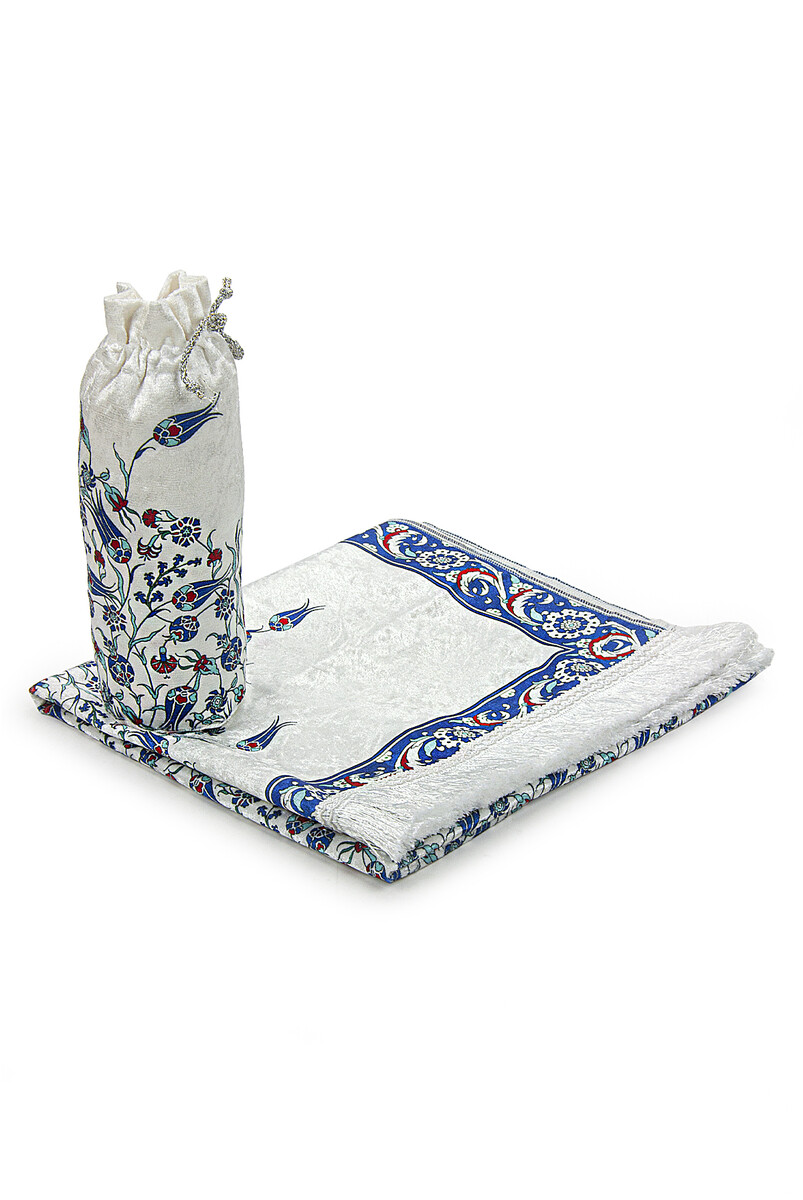 Silk Textured Carrying Bagged Tulip-Embroidered Prayer Rug - Navy Blue - 3