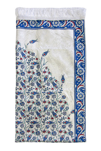 Silk Textured Carrying Bagged Tulip-Embroidered Prayer Rug - Navy Blue - 4