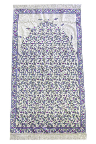 Silk Textured Carrying Bagged Tulip-Embroidered Prayer Rug - Purple - 9