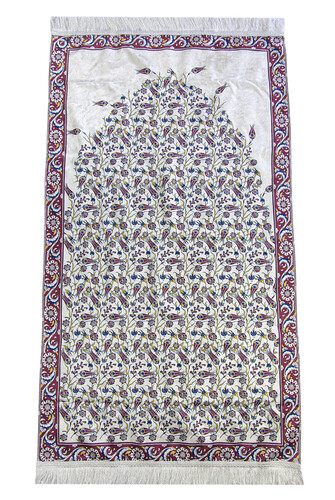 Silk Textured Carrying Bagged Tulip-Embroidered Prayer Rug - Red - 5