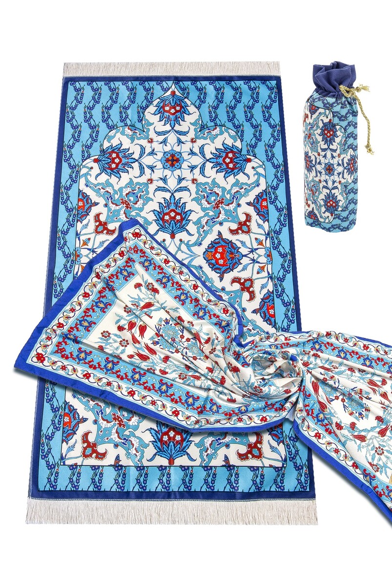 Silk Textured Gift Prayer Rug and Scarf Set in Carrying Bag - 1