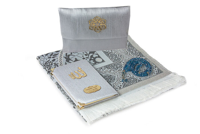 Slub Fabric Covered Yasin Book - Bag Size - Name Special Plate - Prayer Rug - Rosary - Marsupial - Gray Color - Mevlid Gift - 1