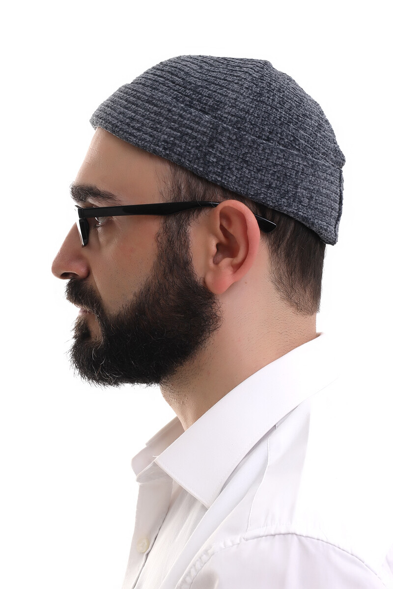 Smoked Folded Simple Pattern Winter Velvet Skullcap Hat - 3