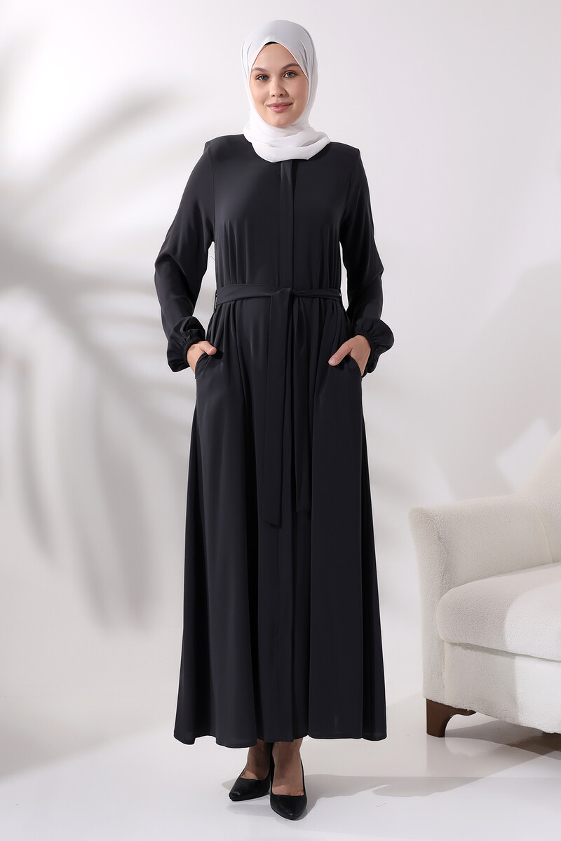 Smoked Medina Silk Hijab Abaya with Elastic Cuffs, Hidden Zipper and Belted Waist - 1