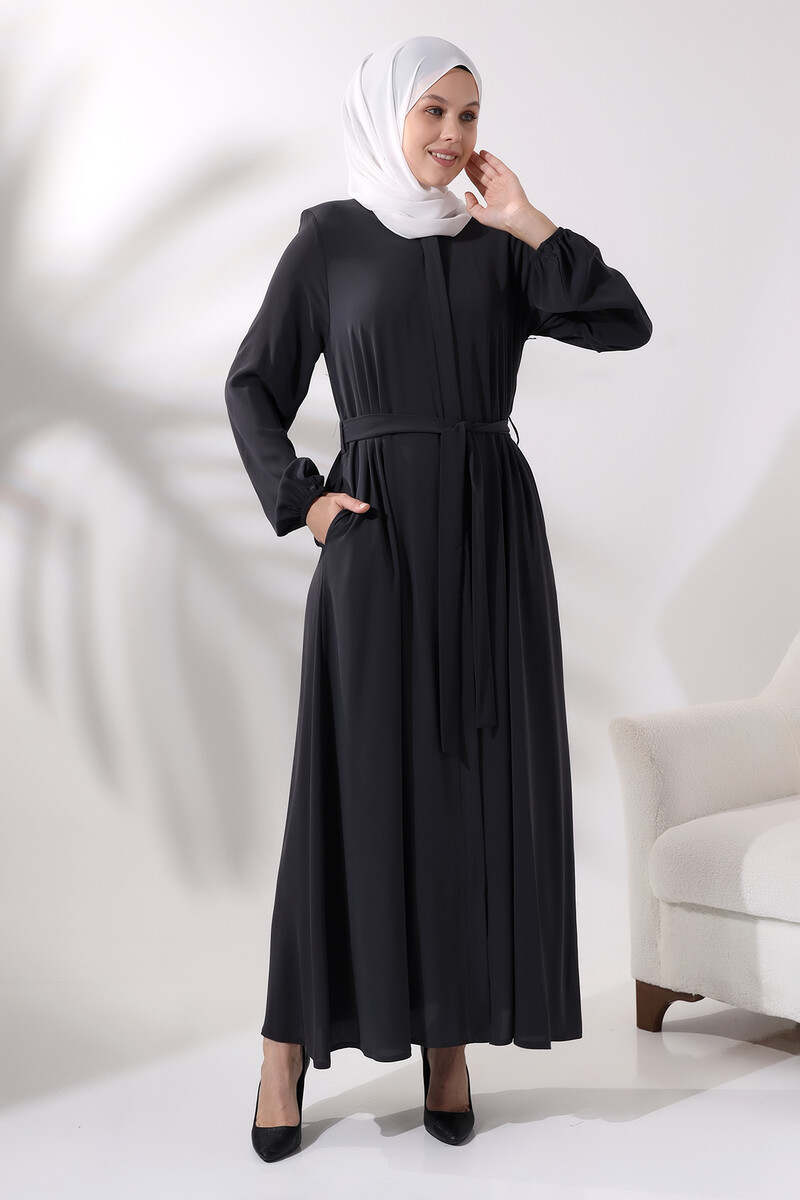 Smoked Medina Silk Hijab Abaya with Elastic Cuffs, Hidden Zipper and Belted Waist - 2