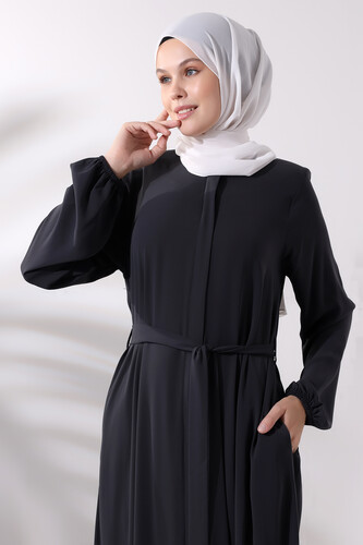 Smoked Medina Silk Hijab Abaya with Elastic Cuffs, Hidden Zipper and Belted Waist - 4