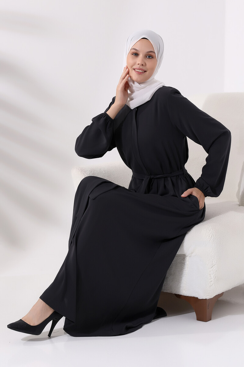 Smoked Medina Silk Hijab Abaya with Elastic Cuffs, Hidden Zipper and Belted Waist - 5