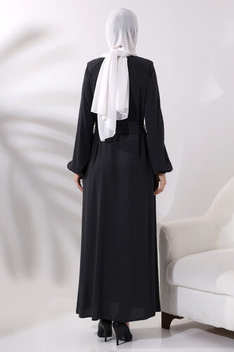 Smoked Medina Silk Hijab Abaya with Elastic Cuffs, Hidden Zipper and Belted Waist - 6