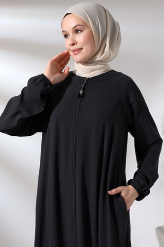 Smoked Zippered Sleeve Elastic Medina Silk Mevlana Model Hijab Abaya - 5