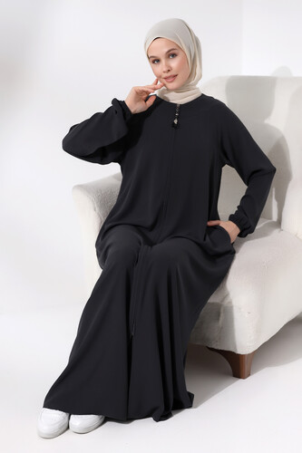 Smoked Zippered Sleeve Elastic Medina Silk Mevlana Model Hijab Abaya - 6