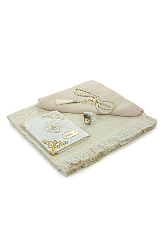 Special Boxed Dowry Prayer Rug Set Suitable for the Bride's Bundle Cream - 5