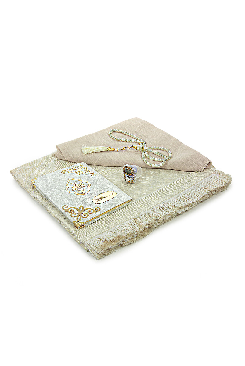 Special Boxed Dowry Prayer Rug Set Suitable for the Bride's Bundle Cream - 5