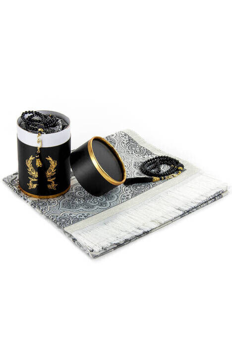 Special Cylinder Box Set with Prayer Rug and Pearl Rosary Black Color - 1