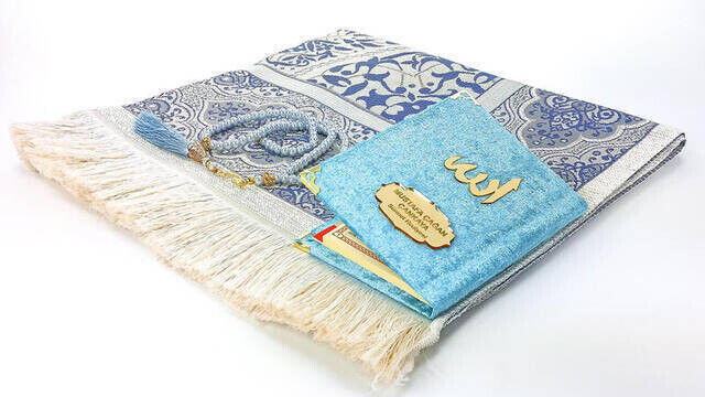 Special Set Name Printed Velvet Covered Yasin Prayer Rug Rosary Boxed Blue - 4