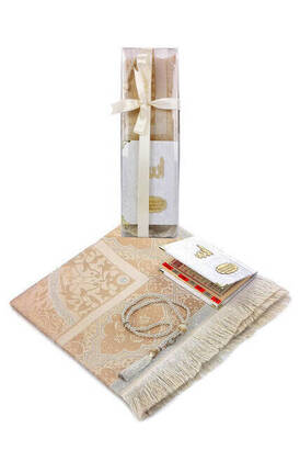 Special Set Name Printed Velvet Covered Yasin Prayer Rug Rosary Boxed Cream - 1