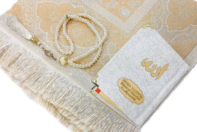 Special Set Name Printed Velvet Covered Yasin Prayer Rug Rosary Boxed Cream - 5