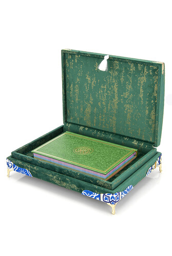 Special Thai Feather Velvet Covered Rainbow Pattern Quran Set - Green Color - 1