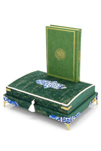 Special Thai Feather Velvet Covered Rainbow Pattern Quran Set - Green Color - 2