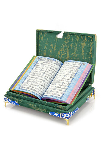 Special Thai Feather Velvet Covered Rainbow Pattern Quran Set - Green Color - 3