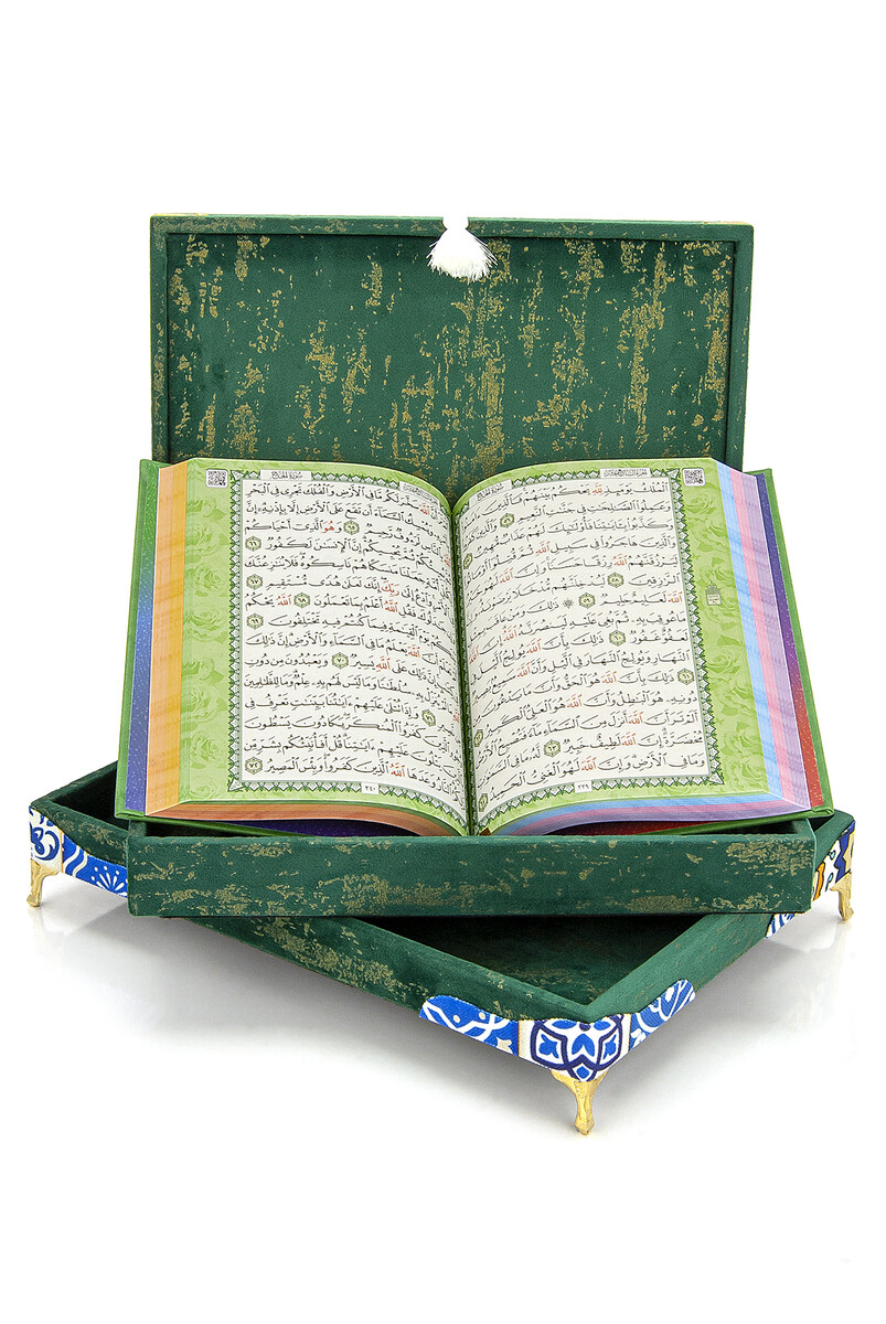 Special Thai Feather Velvet Covered Rainbow Pattern Quran Set - Green Color - 4