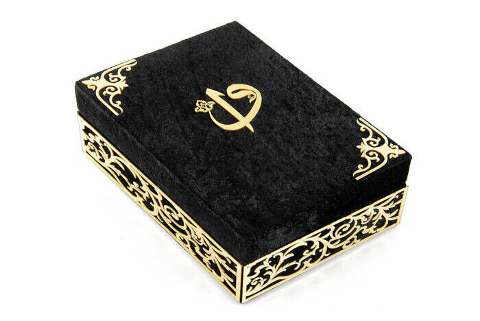 Special Elif Vav Plexi Decorated Gift Velvet Coated Boxed Quran Kerim Black - 3