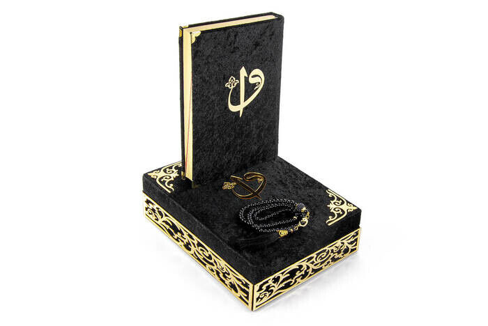 Special Elif Vav Plexi Decorated Gift Velvet Coated Boxed Quran Kerim Black - 4