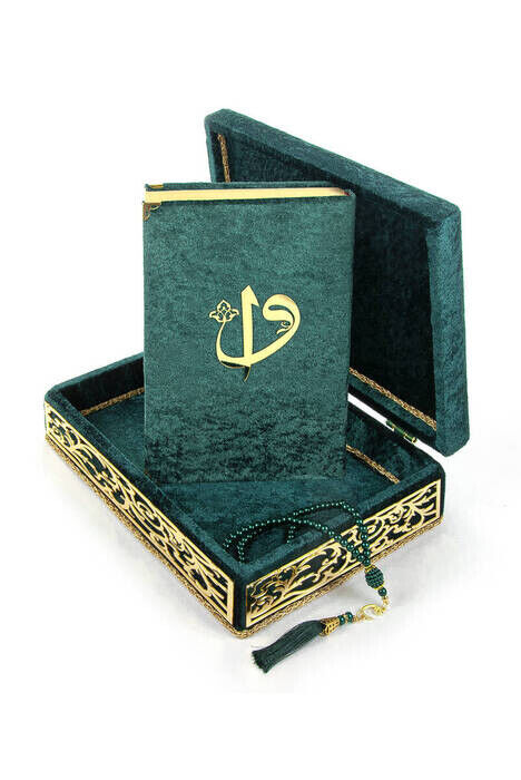 Special Elif Vav Plexi Decorated Gift Velvet Covered Boxed Quran Kerim Green - 1